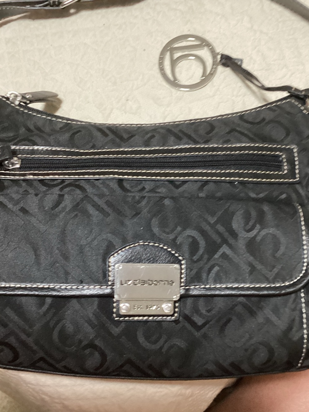 Vintage Y2K Liz Claiborne Black Logo Jacquard Shoulder Bag with Silver Hardware